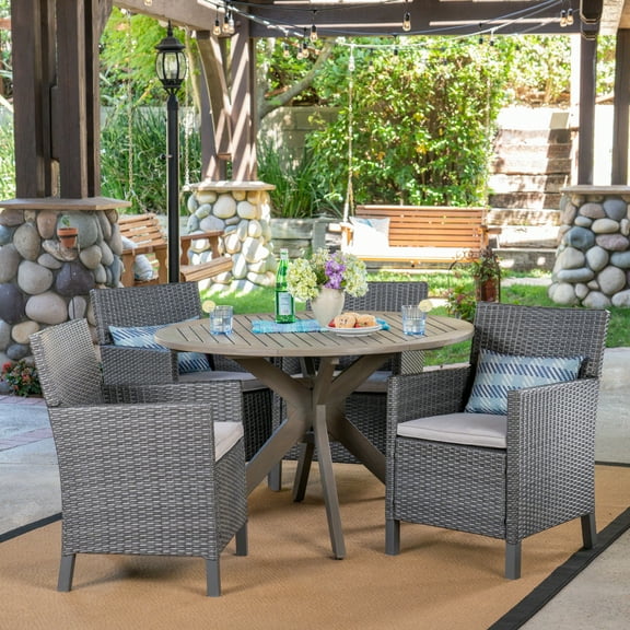 Sterling Outdoor 5 Piece Wood and Wicker Dining Set with Cushions, Gray, Gray