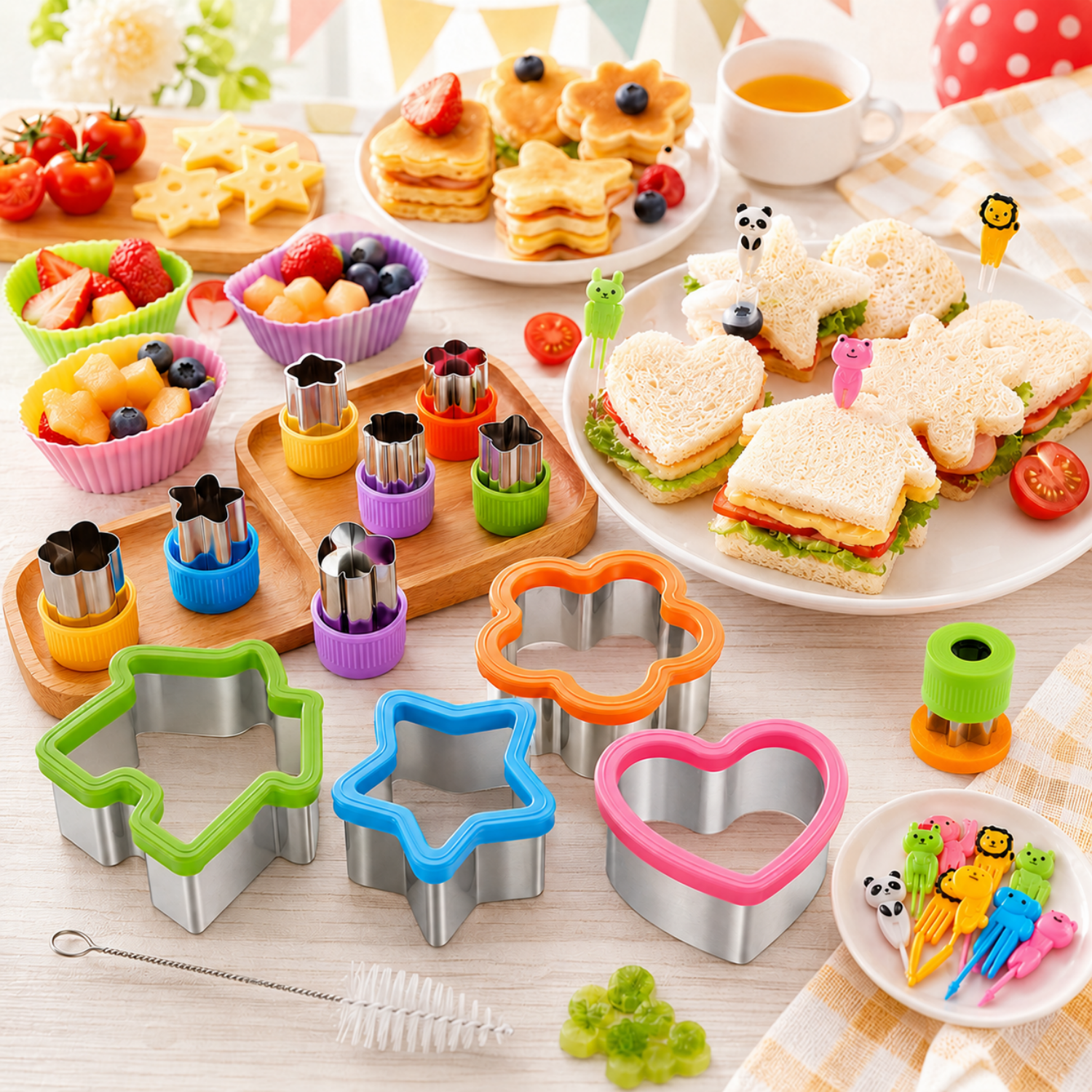 Sandwich Cutters for Kids Lunch, 36-Piece Set with Stainless Steel Bread and Cookie Cutters, Cartoon Food Picks and Silicone Baking Cups for Bento Lunches, Ages 6-12
