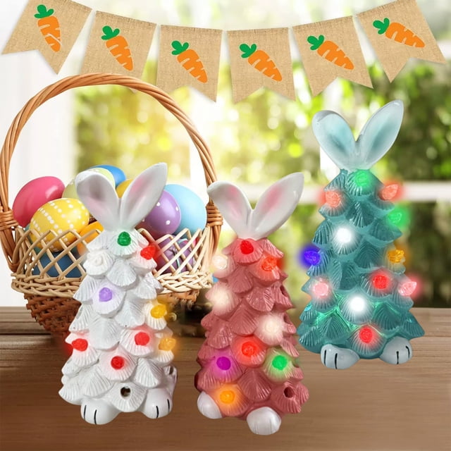 Decoración del Árbol de Conejo de Pascua Luminoso - Adorno rosa de conejito de primavera con luces LED, decoración de resina para el hogar de Pascua, centro de mesa de 5,9 pulgadas