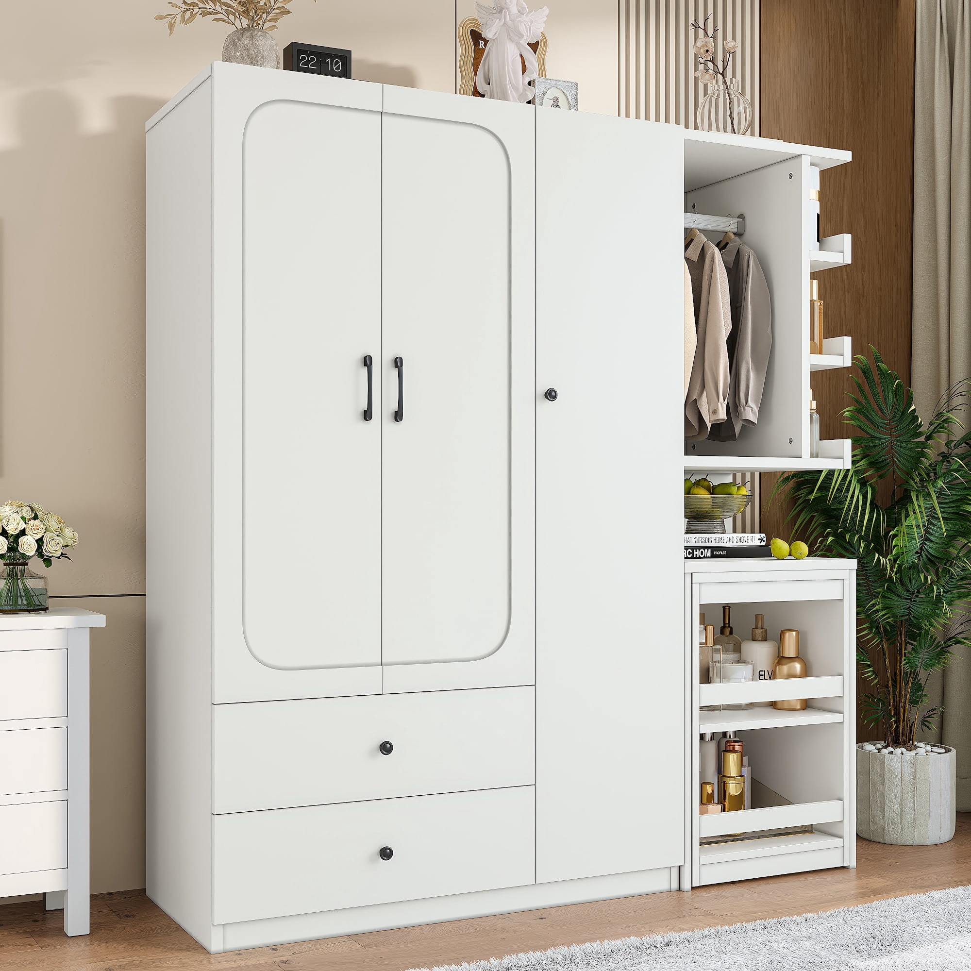 Mintazer Multifunctional Wardrobe Closet with Convertible Foldable Desk & Open Shelves, Clothes Storage Cabinet with Hanging Rod & Drawers for Bedroom Cloakroom Apartment, White