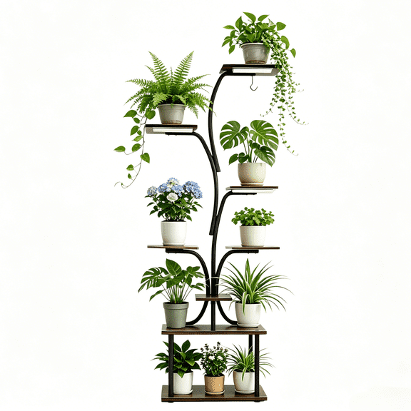 Plant Stand Indoor with Grow Lights, 8-Tier Tall Plant Shelf, Metal Plant Stand with Wood Shelves, Full Spectrum Grow Light & Timer