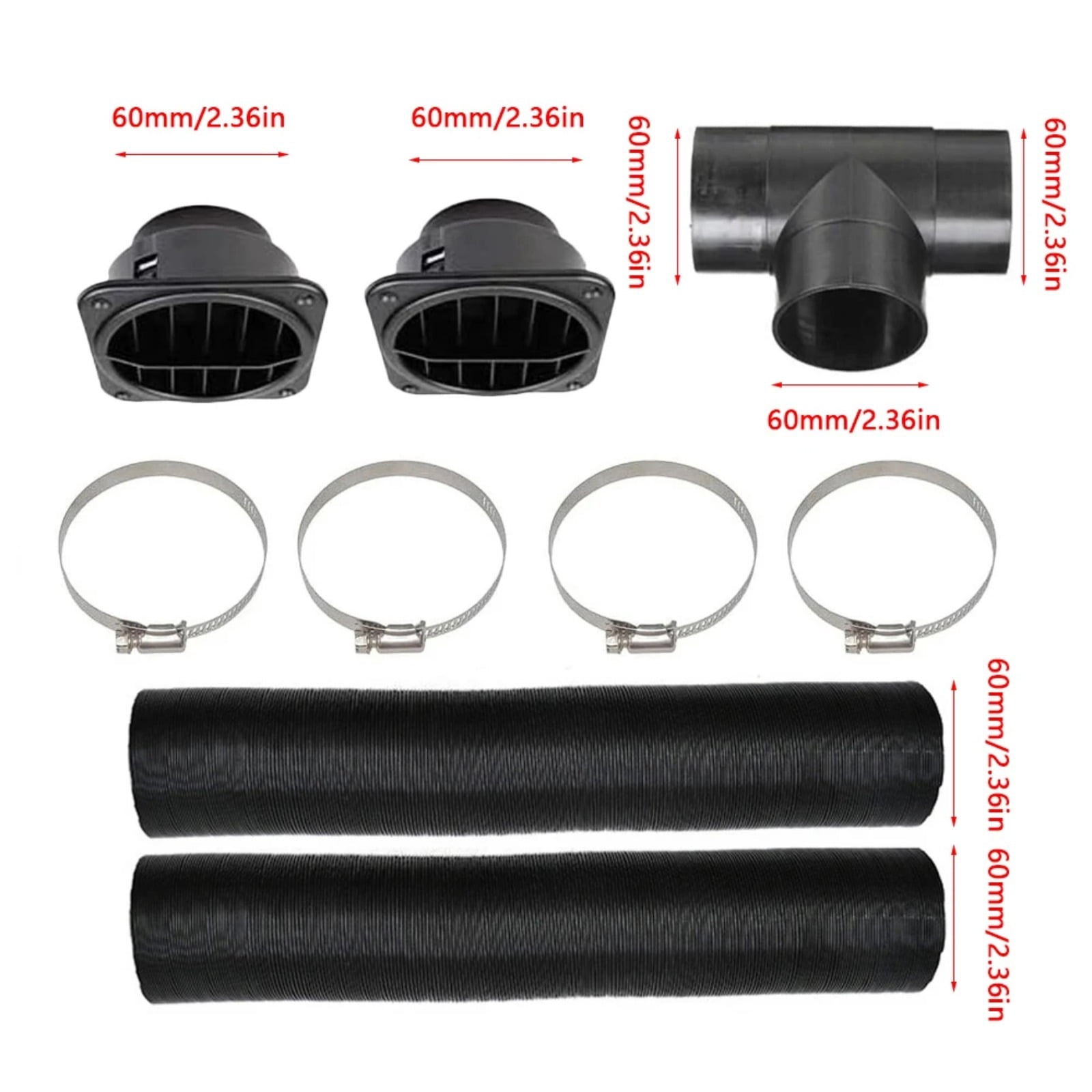60mm Diesel Parking Heater Warm Air Vent Kit with 2 Flexible Duct Hoses T Shape Connector 2 Square Air Outlets and 4 Clamps