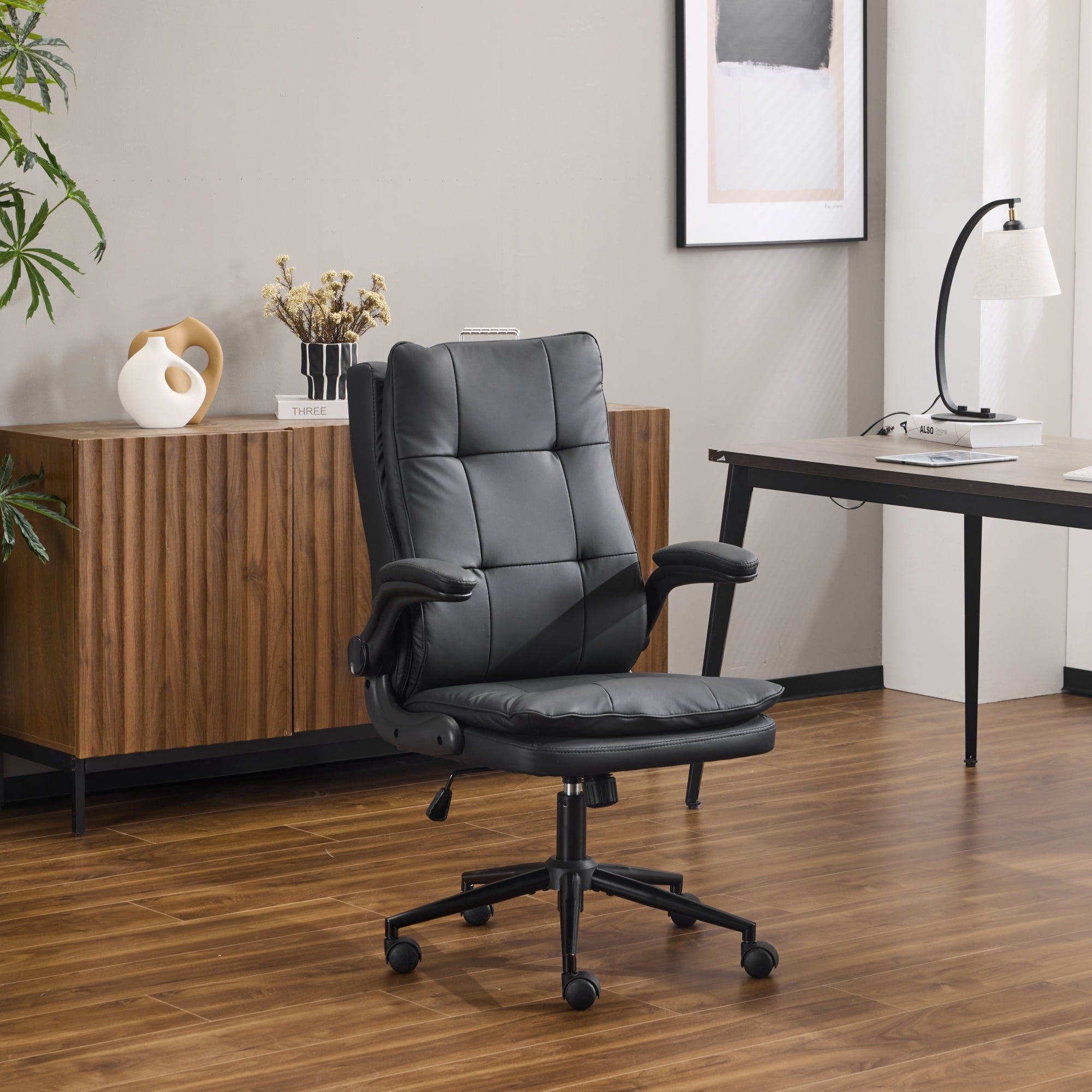 Zimtown Modern Swivel Office Chair with Wheels, Adjustable Ergonomic High Back Desk Chair with Flip-up Armrest, Cat Scratch Resistant Fabric, Black