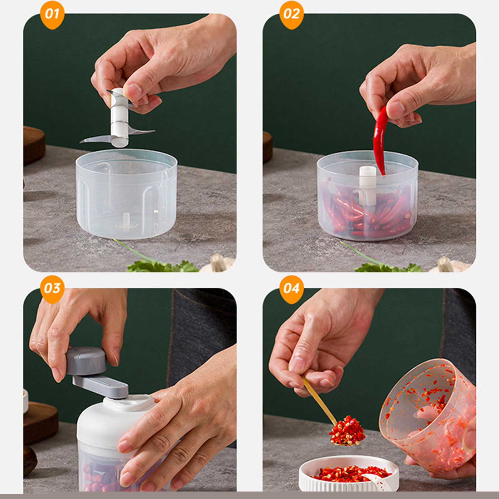 thumbnail image 5 of Food Chopper Handheld Vegetable Chopper Meat Grinder Garlic Chopper | Manual Food Processor | 3-Speed Stainless Steel Blades | 250ml Capacity | 1pc Included, 5 of 6