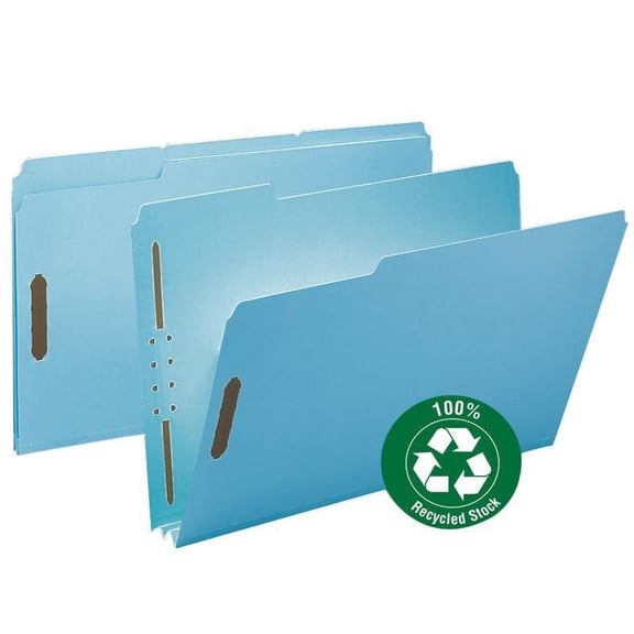 Smead 100% Recycled Pressboard Fastener File Folder 1/3-Cut Tab, 2" Expansion, Legal Size, Blue, 25 per Box (20001)