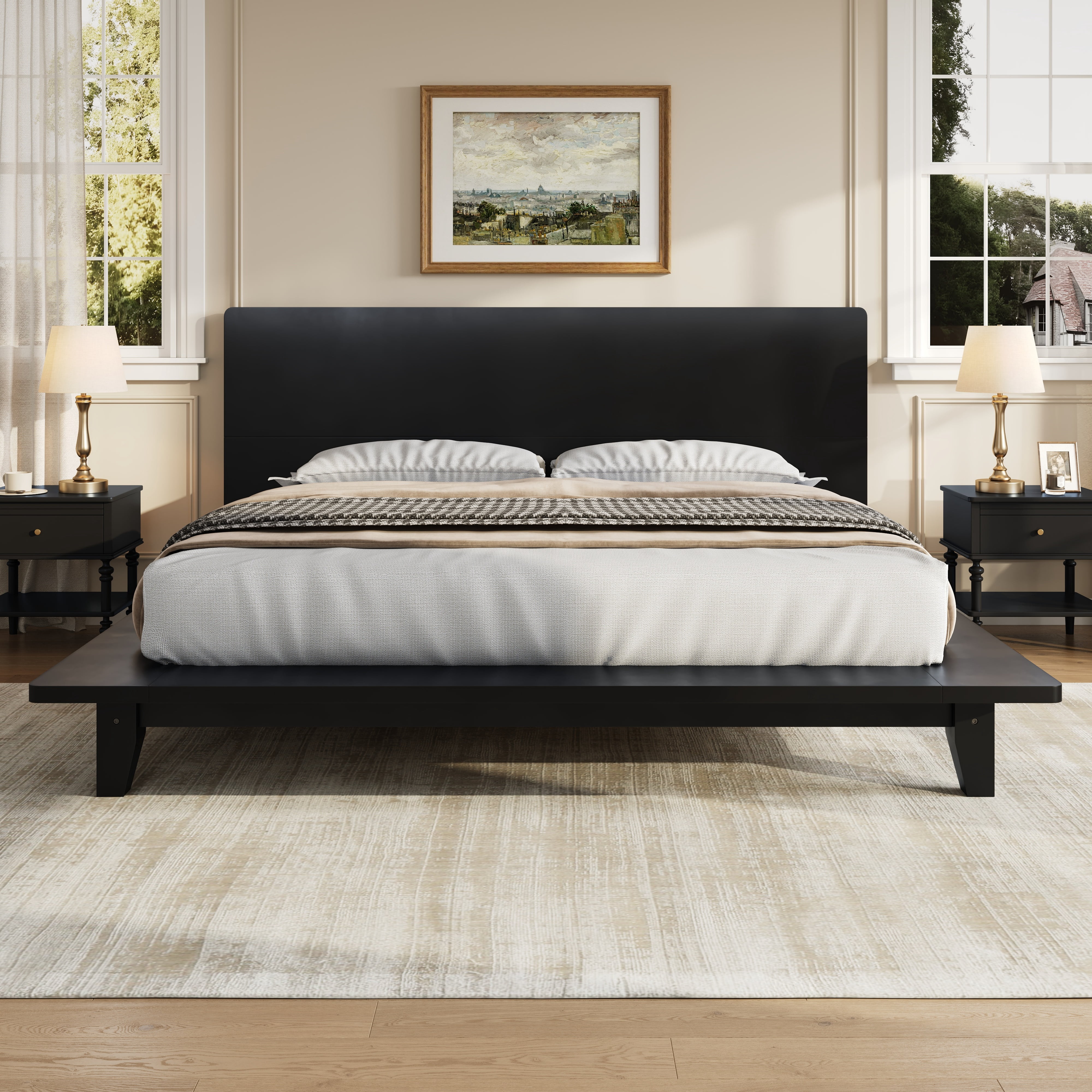 Mintazer Queen Size Platform Bed Frame with Headboard, Modern Bed with Slatted Support, No Box Spring Needed, Black