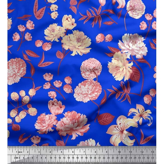 Soimoi Blue Rayon Crepe Fabric Leaves & Artistic Floral Print Fabric by The Yard 46 Inch Wide