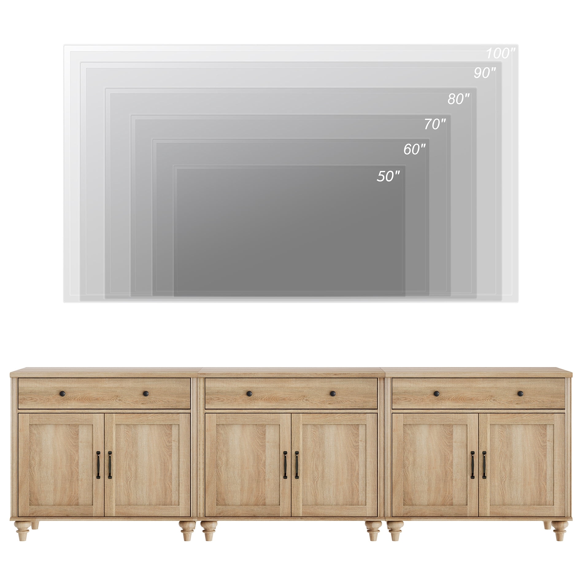 WAMPAT Farmhouse Oak TV Stand for 100 inch TV with 6 Doors and 3 Drawers, Wooden Universal TV Stands with Storage Cabinets, Entertainment Center TV Console Table for Living Room, Bedroom