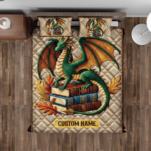 Lotusprinthandmade Personalized Dragon And Book Quilt Bedding Set (Fold Hem) 5 Sizes (Made in Vietnam) (55x60), Mystical Dragon Reading-Themed Bedspread