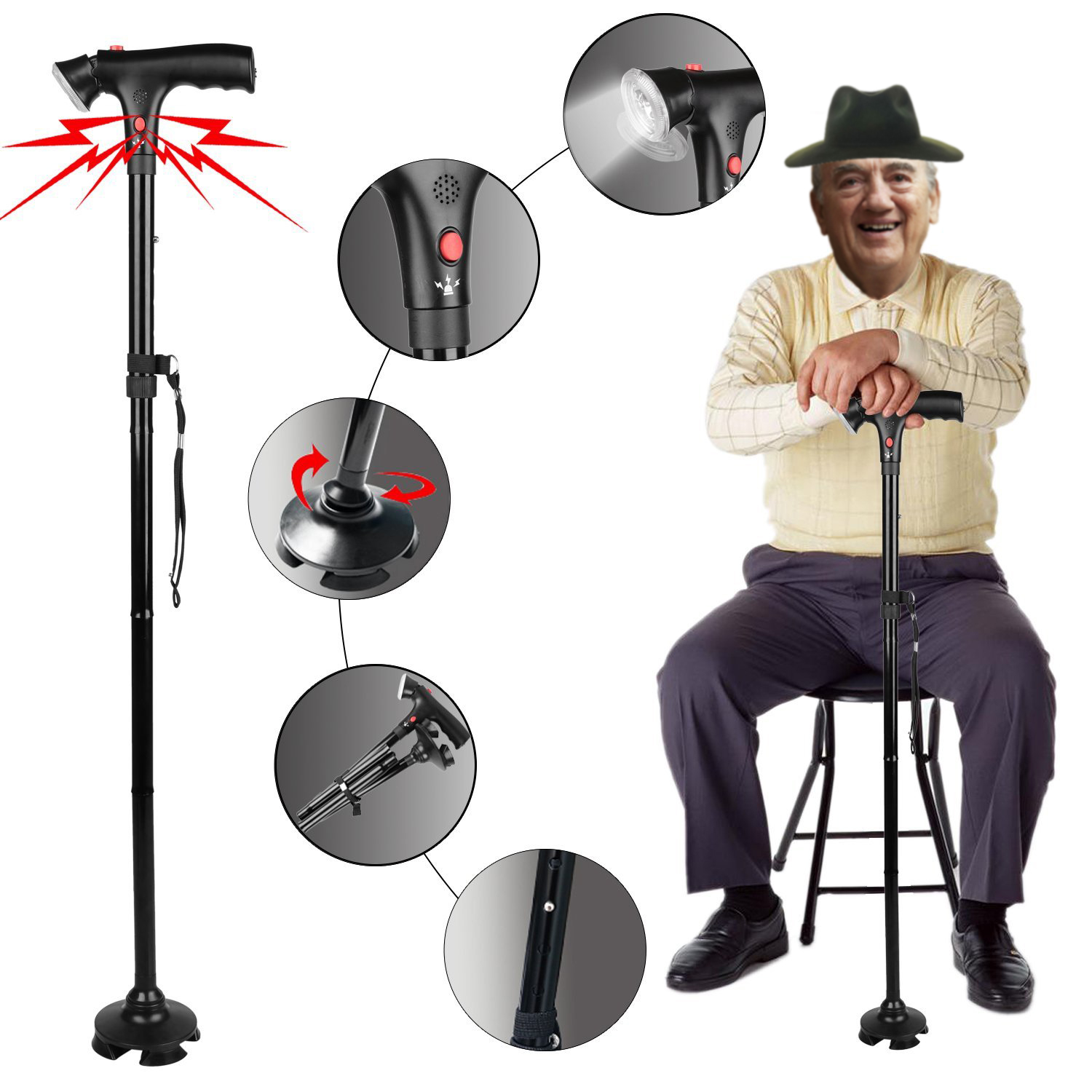 Deluxe Comfort Multi Function Cane and Walking Stick with Led Flashlight - Lightweight Collapsible Aluminum - Flashing Red Alert Lights & Emergency Siren - Safety Aid - Cane, Black