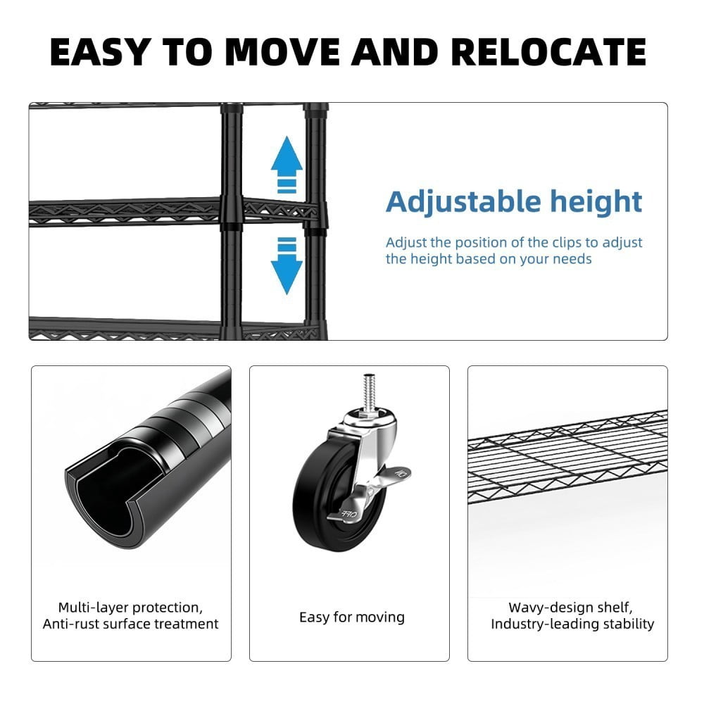Heavy Duty Rolling Garment Rack, 3-Tier Adjustable Wire Shelving Clothes Rack with 2 Hanging Rods, Side Hooks & Wheels, Black