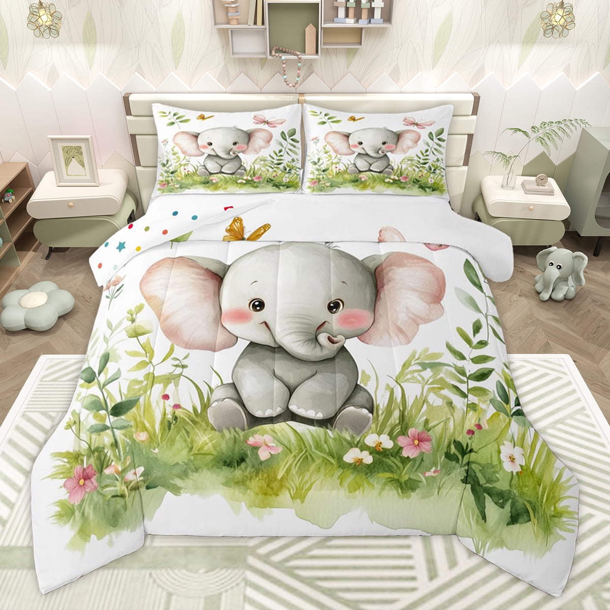 Homewish Kawaii Cartoon Elephant Queen Comforter Set for Child Watercolor Flower Plant Bedding Sets Butterfly Animal Reversible Bedding Comforter Set Ultra Soft Bedroom Decor 3pcs