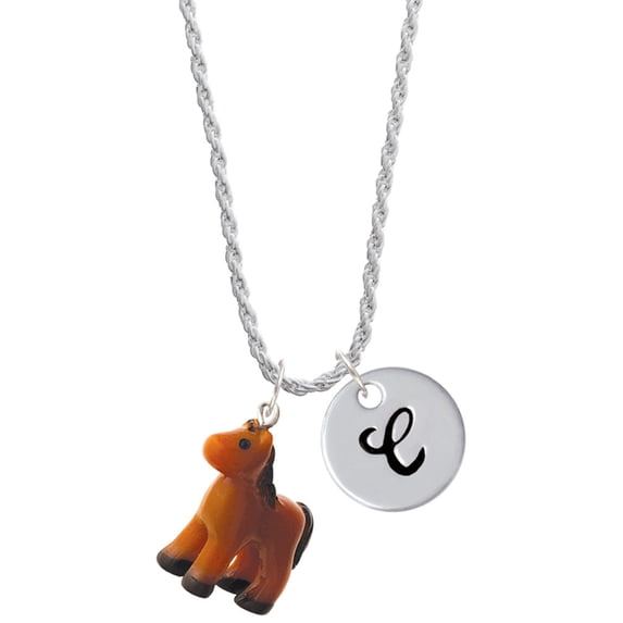 Delight Jewelry Resin Brown Pony Silvertone Script Initial Disc - C - Charm Necklace, 20"+3"