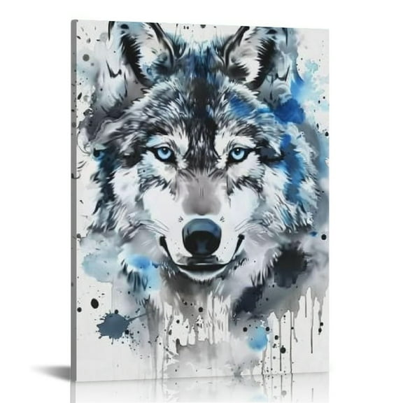 JRXY Nature Wall Art Canvas Painting Wolf With Blue Eyes On A White Pictures Home Decor Abstract Art Gifts Poster Wall Decor for Living Room Bedroom Kitchen 12x16 in