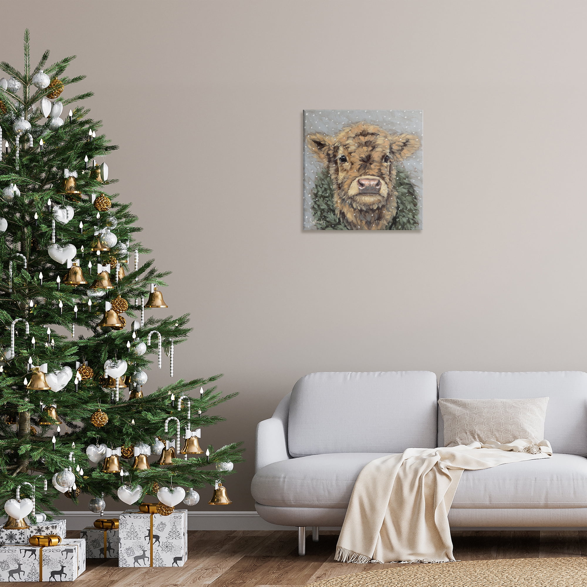 Stupell Industries Snowy Cattle & Wreath Animals & Insects Painting Gallery Wrapped Canvas Art Print Wall Art, 24 x 24