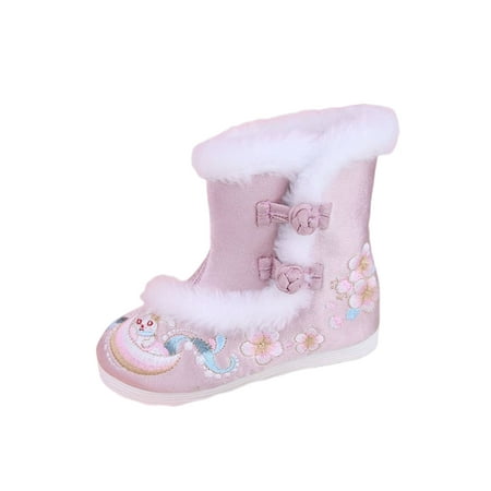 

SIMANLAN Kids Warm Booties Embroidered Winter Boot Faux Fur Snow Boots Girls Casual Slip On Pink 7C