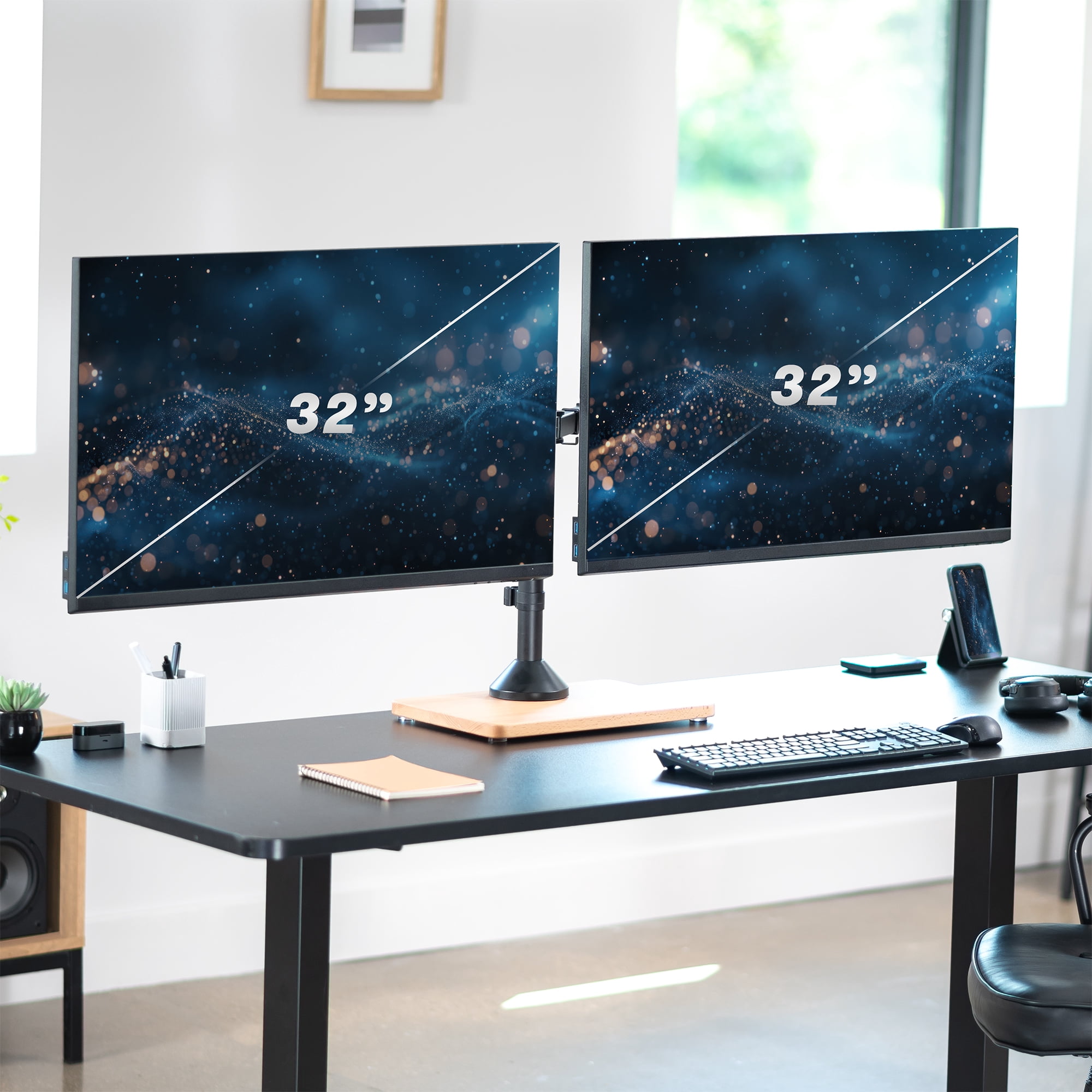VIVO Dual Monitor Adjustable Mount w/ Wood Base, Fits Computer Screens up to 32"