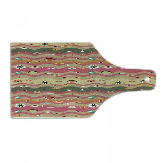Eye Cutting Board, Psychedelic Groovy Abstract Composition with Various Eyes Wavy Color Lines Hippie Art, Tempered Glass Cutting and Serving Board, Wine Bottle Shape, Multicolor, by Ambesonne