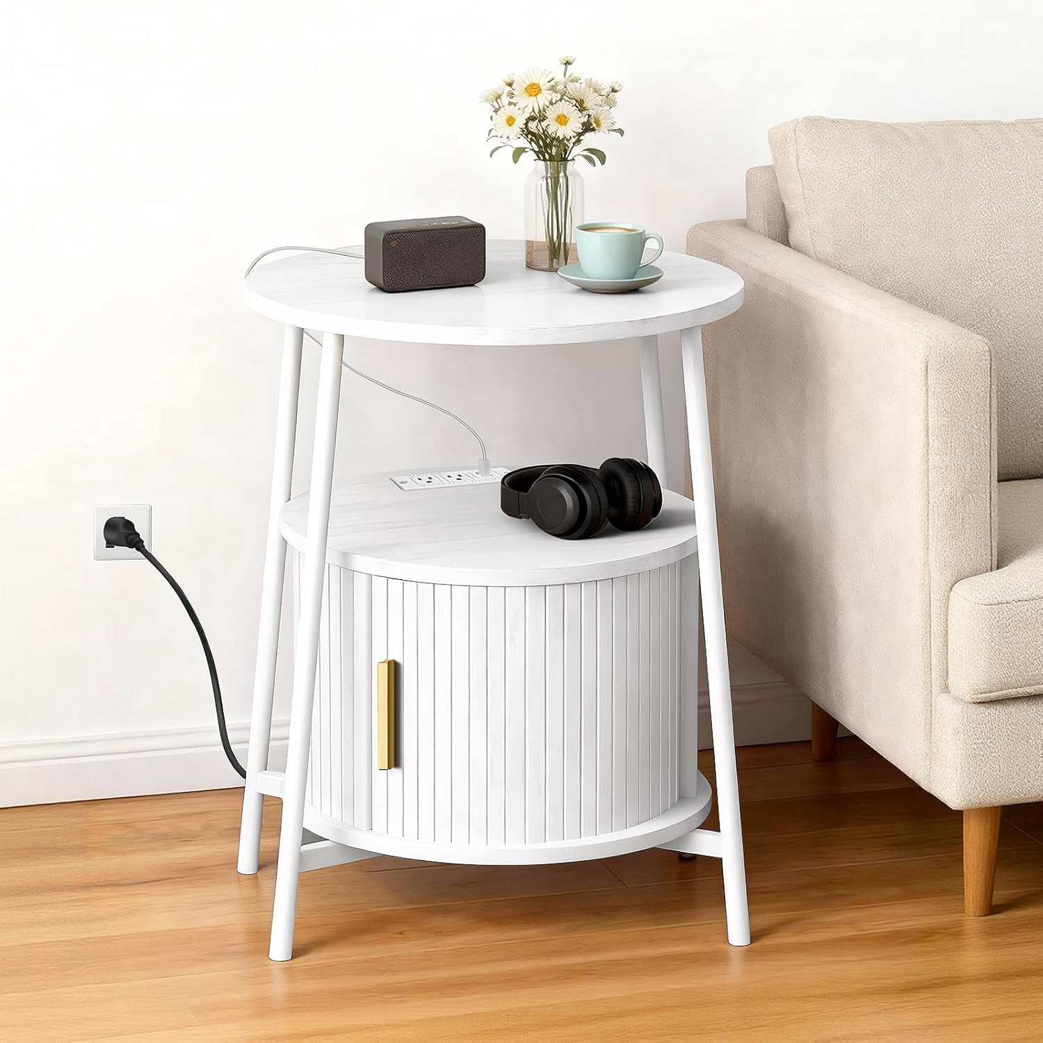 Set of 2 Round Fluted Accent Side Table with Charging Station and Sliding Door – Mid-Century Modern End Table, Compact Nightstand for Living Room, Bedroom, Sofa Couch, White