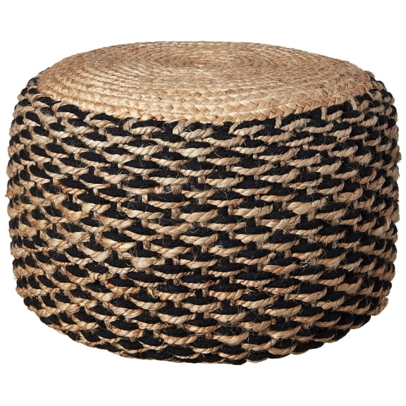 Hand-Woven Jute Cotton Pouf Ottoman Natural Black Stripe Round 18 Inch