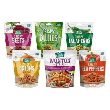 Fresh Gourmet Crispy Party Variety Pack, Balsamic Beets, Fried Cucumber Dillies, Jalapeños, Onions, Garlic Ginger Wonton Strips, Red Peppers, 3.5 oz Each, 6 CT