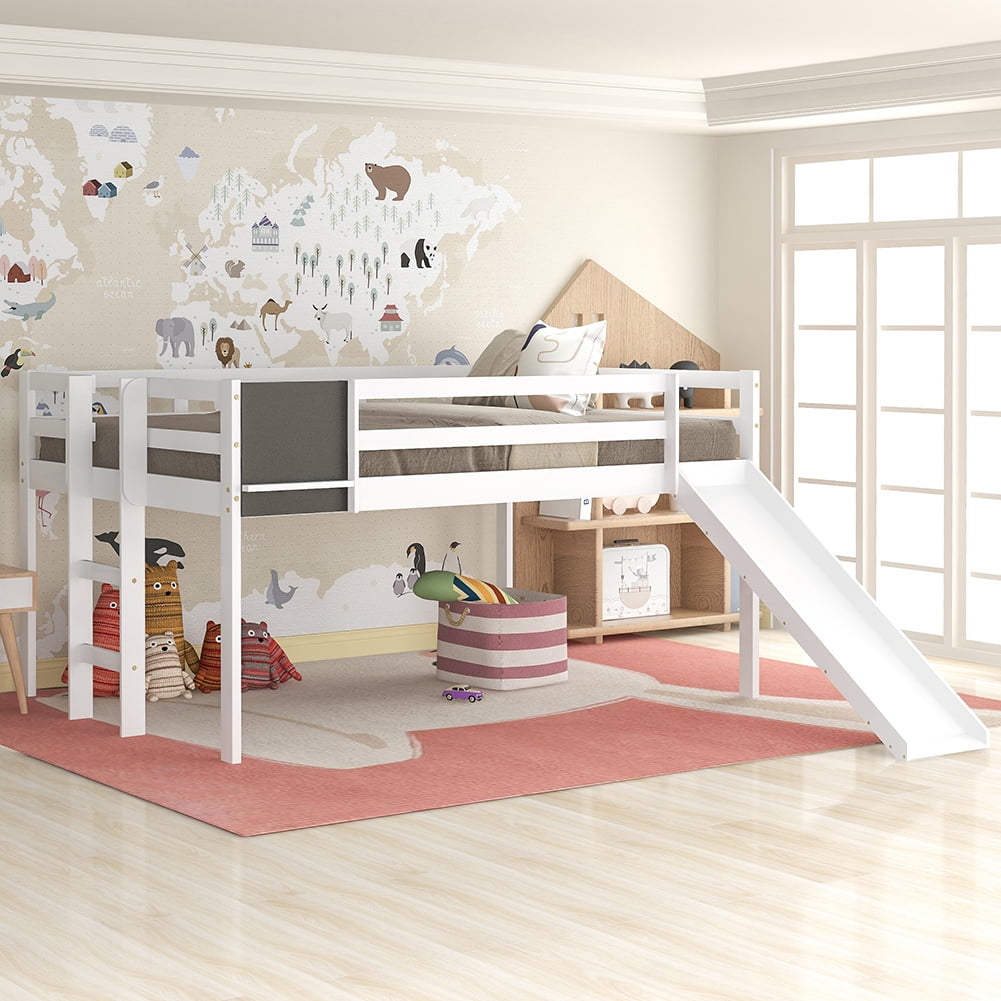 Kepooman Kids Loft Bed, Multifunctional Wood Bed with Slide, Ladder, and Chalkboard, Full Size, White Kepooman Kids Loft Bed, Multifunctional Wood Bed with Slide, Ladder, and Chalkboard, Full Size, White