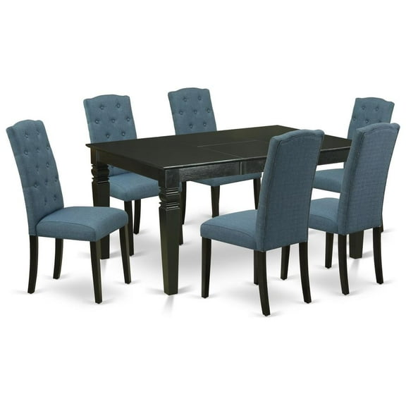 WECE7-BLK-21 7Pc Dinette Set Includes a Rectangular Kitchen Table with Butterfly Leaf and Six Parson Chairs with Blue Fabric, Black Finish
