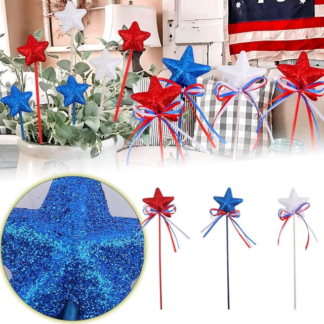 Bâtons en Mousse Étoile Pailletée Patriotique - Décorations du 4 Juillet, Pics Étoilés Rouges Blancs Bleus pour Jour de l'Indépendance, Jour du Souvenir, Centres de Table de Fête Americana, Baguettes de Fée & Inserts de Vase