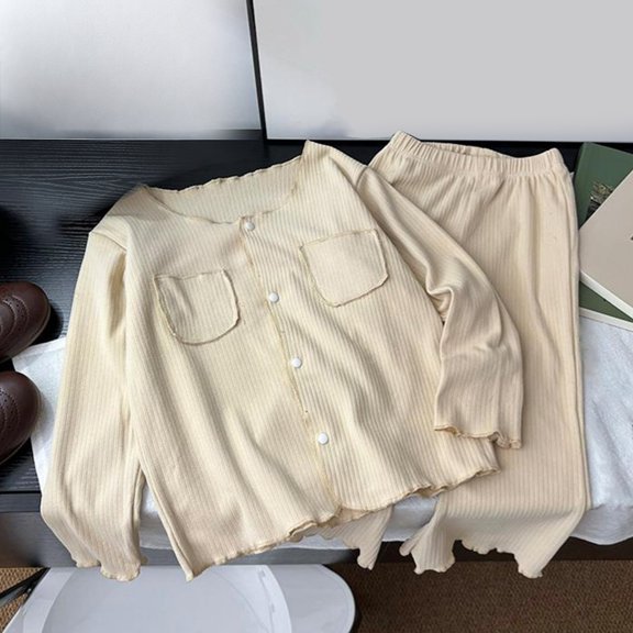 Huowey Kids Girls Outfits Fall Long Sleeve Ruffles Button Tops And Pants 2 PC Set Solid Color Loungewear Winter Outdoor Casual Daily Wear Cozy Outfit,Beige,18-24 Months