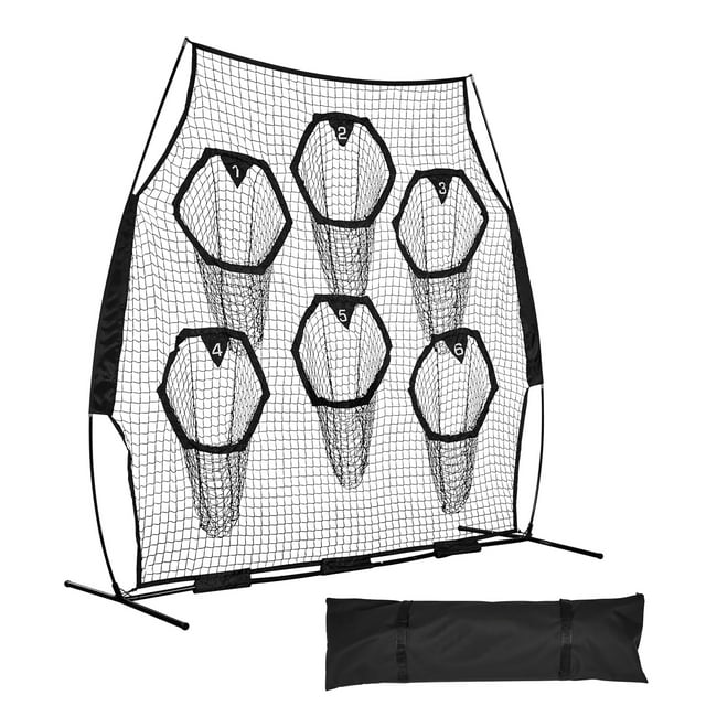 KFFKFF 8 x 8 ft Football Trainer Throwing Net, Training Throwing Target Practice Net with 6 Target Pockets, Knotless Net Includes Straps and Portable Carry Case, Black