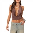 thumbnail image 3 of Tops de Cuello Halter para Mujer, Sin Mangas, con Escote en V Profundo y Cordones, Estilo Urbano de Verano Y2K Marrón S, 3 of 10