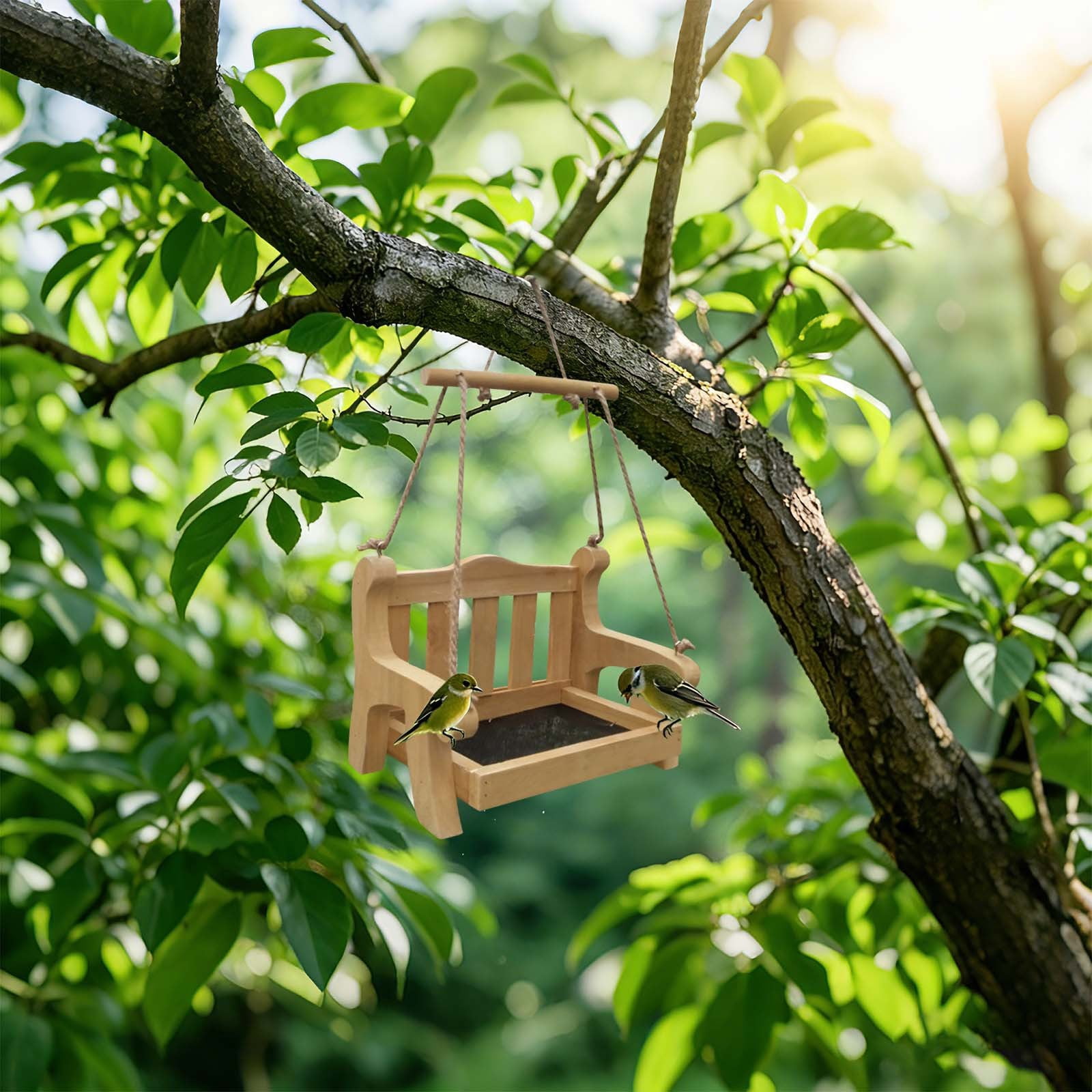 Wooden Swing Chair Bird Feeder, No Mess Bird Feeder, Swing Wild Bird Feeder Stand for Outside, Bird Cage Feeder, Whimsical Hanging Feeding Station for Garden Attracting Wild Birds 1Pcs