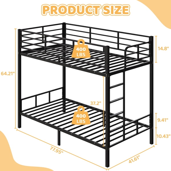 Alvantor Twin over Twin Metal Bunk Bed with 400 lb Capacity, High Guardrails and Side Ladder, Black