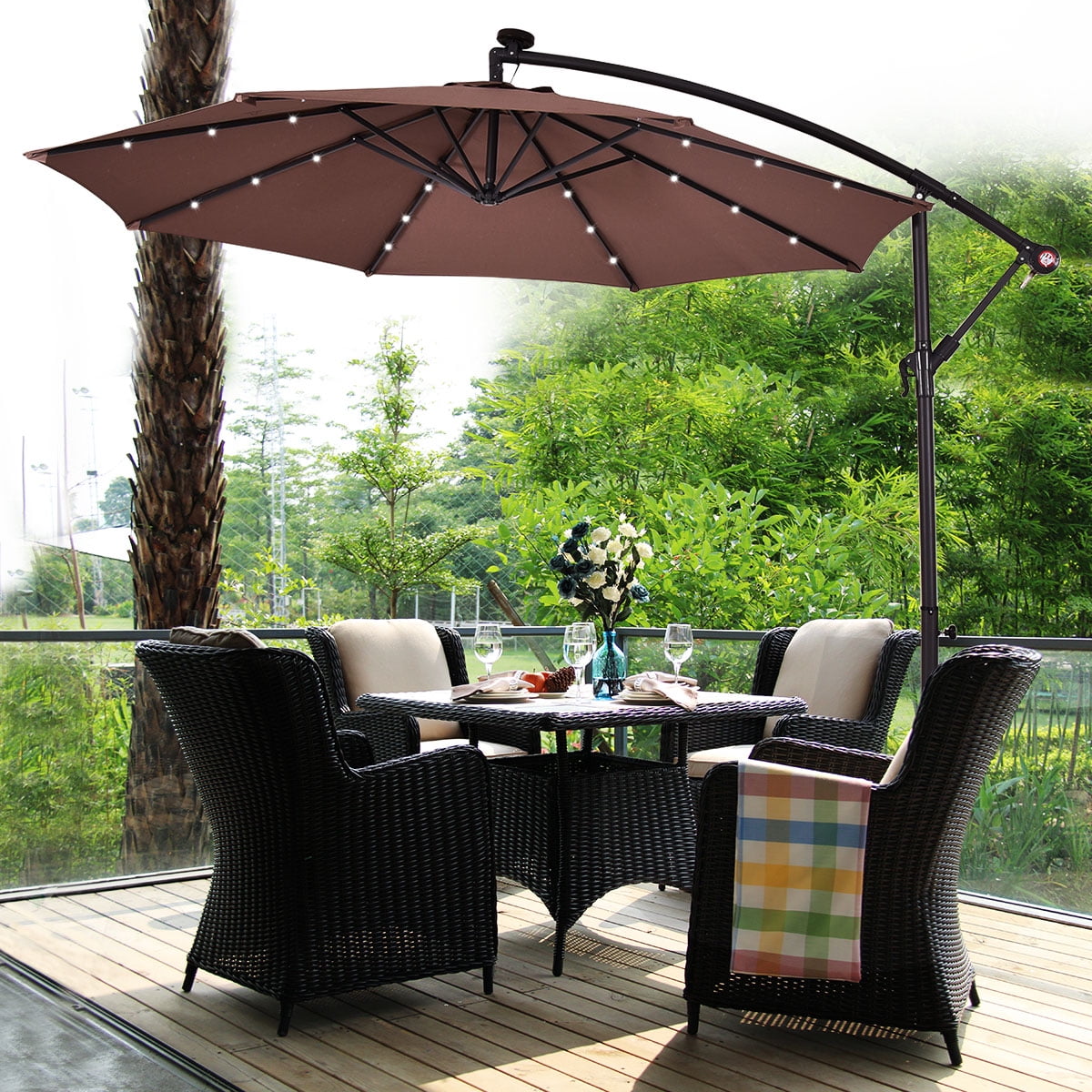 10' Outdoor LED Hanging Solar Umbrella Patio Sun Shade Offset w/Base Market Use 