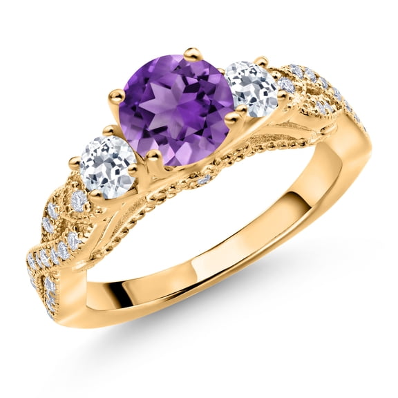 Gem Stone King 18K Yellow Gold Plated Silver Purple Amethyst White Topaz and White Moissanite Engagement Ring for Women (1.55 Cttw, Gemstone February Birthstone, Round 6MM and 3MM, Size 5)