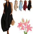 thumbnail image 1 of Robe Maxi Minimaliste à Col Licou - Robe d'Été Décontractée à Coupe Ample avec Poches, Chic Sans Manches Longue Robe de Plage, 1 of 7