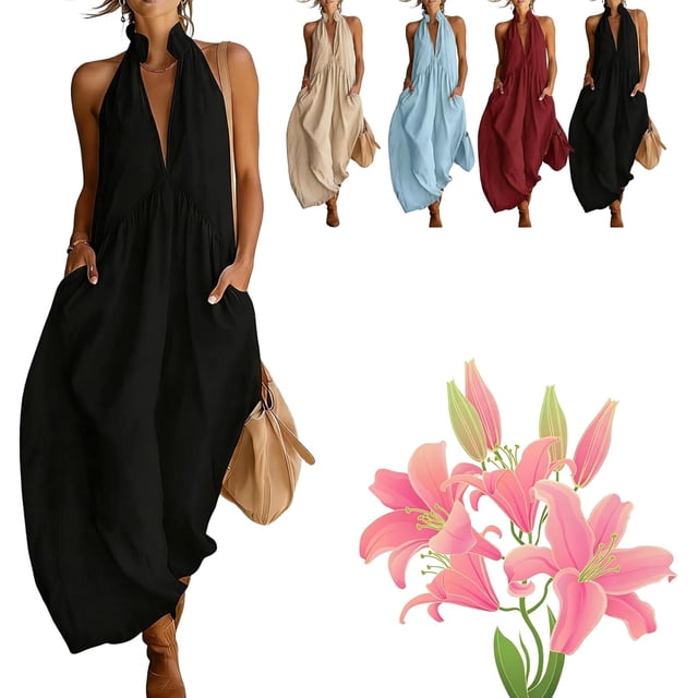 Robe Maxi Minimaliste à Col Licou - Robe d'Été Décontractée à Coupe Ample avec Poches, Chic Sans Manches Longue Robe de Plage