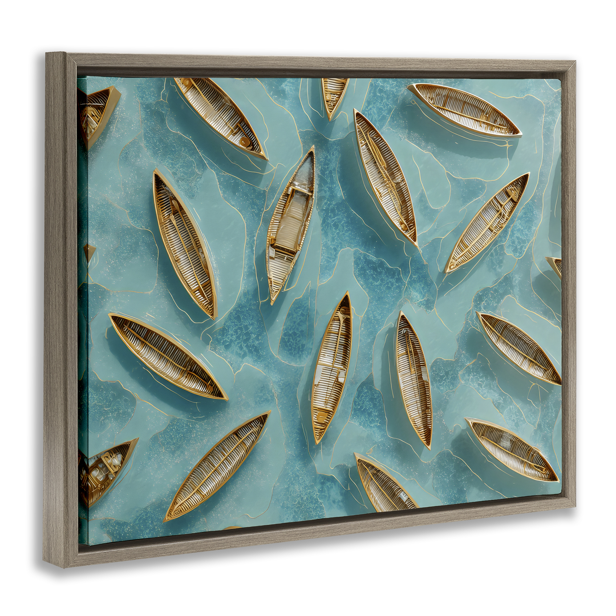 Harmonious Canoes on Water Brown Framed Floater Canvas Wall Art, design by Franklyn Gregory