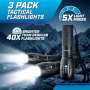 Taclight Tactical Flashlight 3 Pack Weatherproof Aircraft Grade Aluminum Construction, 5 Light Modes with 50,000 Hour Cree LEDs, 40x Brighter – As Seen on TV