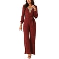 thumbnail image 2 of INSPIRE CHIC Women's Long Sleeve V Neck Jumpsuit Belted Stretchy Wide Leg Long Pant Romper with Pockets, 2 of 4