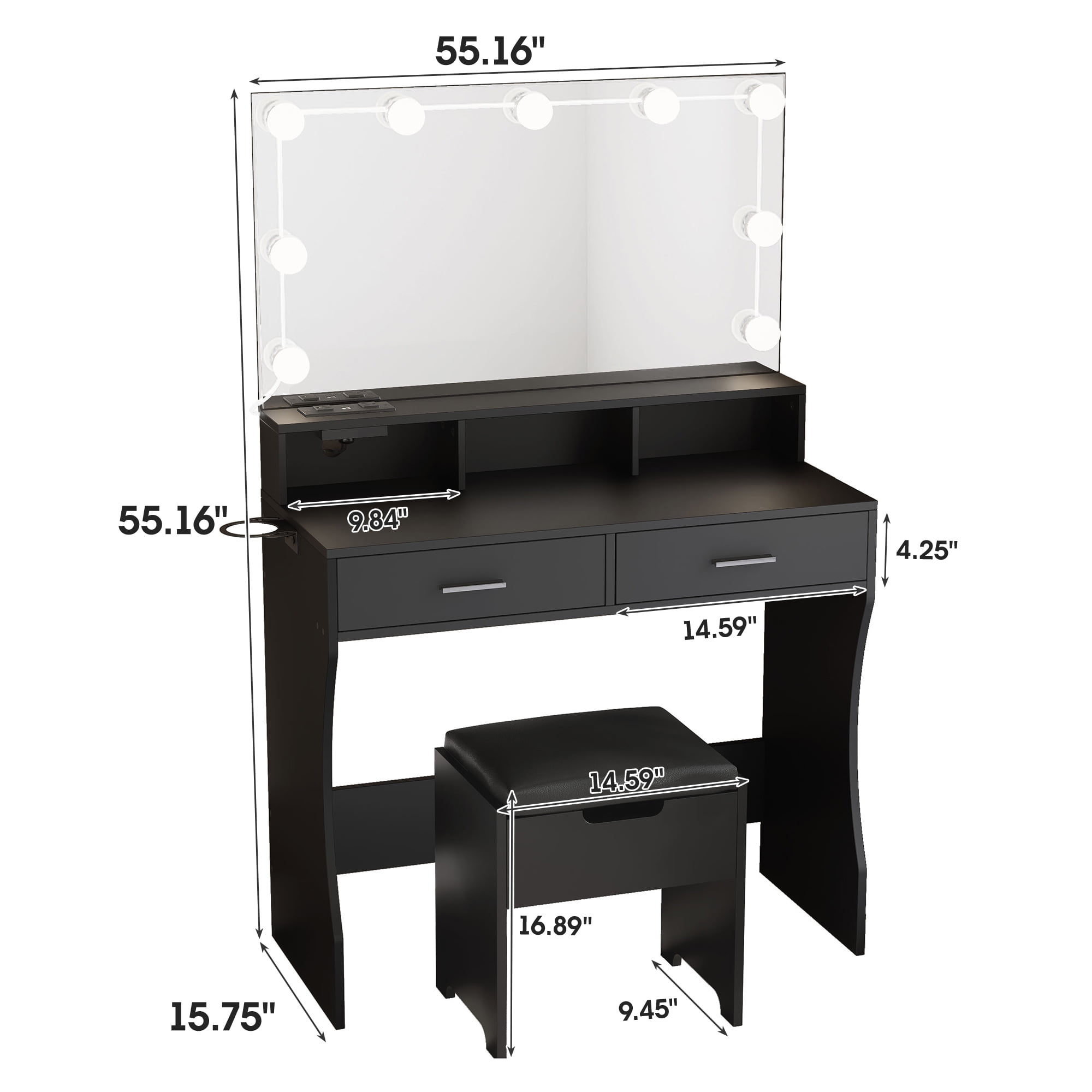 VEANERWOOD Makeup Vanity Table Set with Lighted Mirror & Power Strip for Bedroom, Black