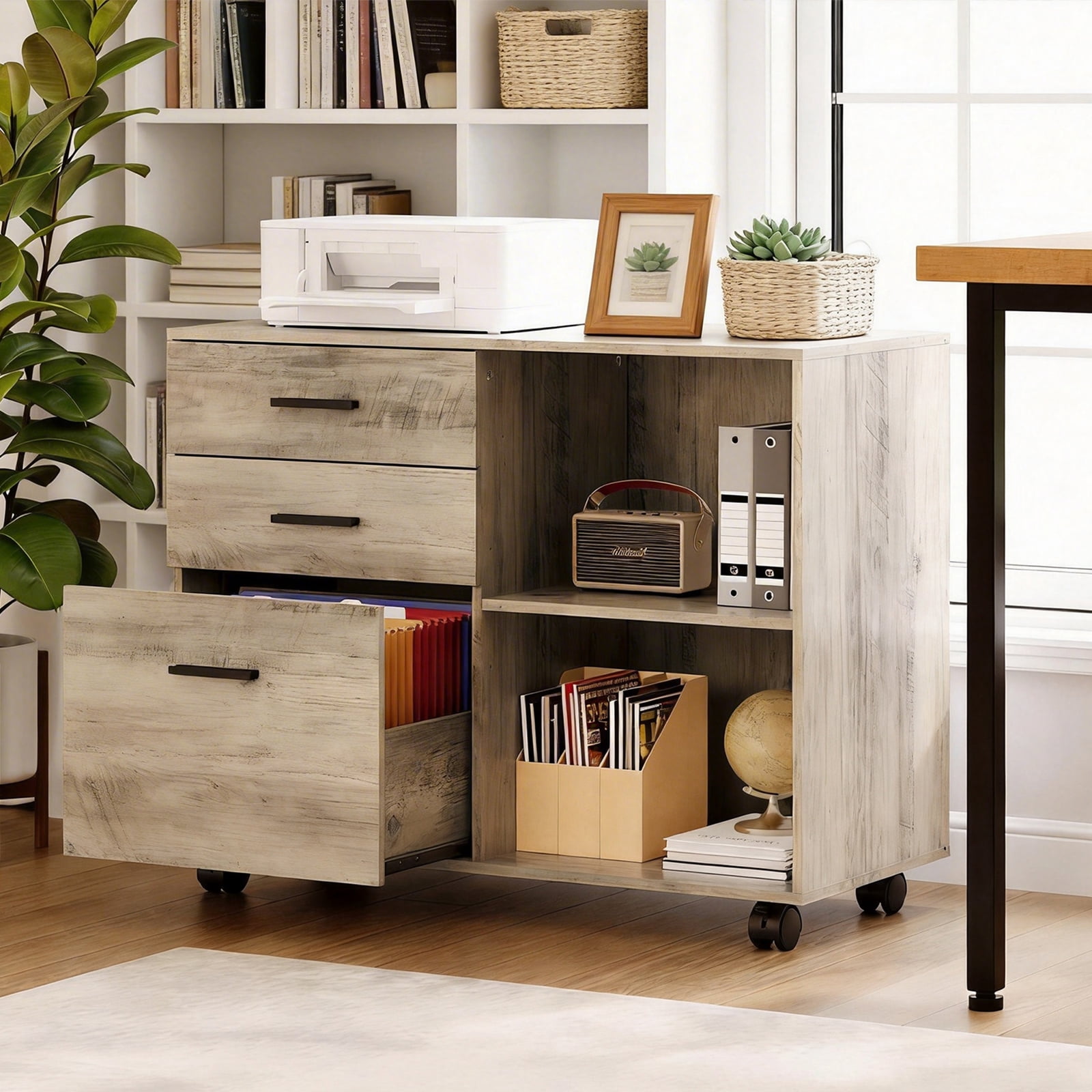 Ktaxon 3 Drawer File Cabinet with Open Shelf, Wood Rolling File Cabinet with Open Shelves,Legal & Letter Size Gray