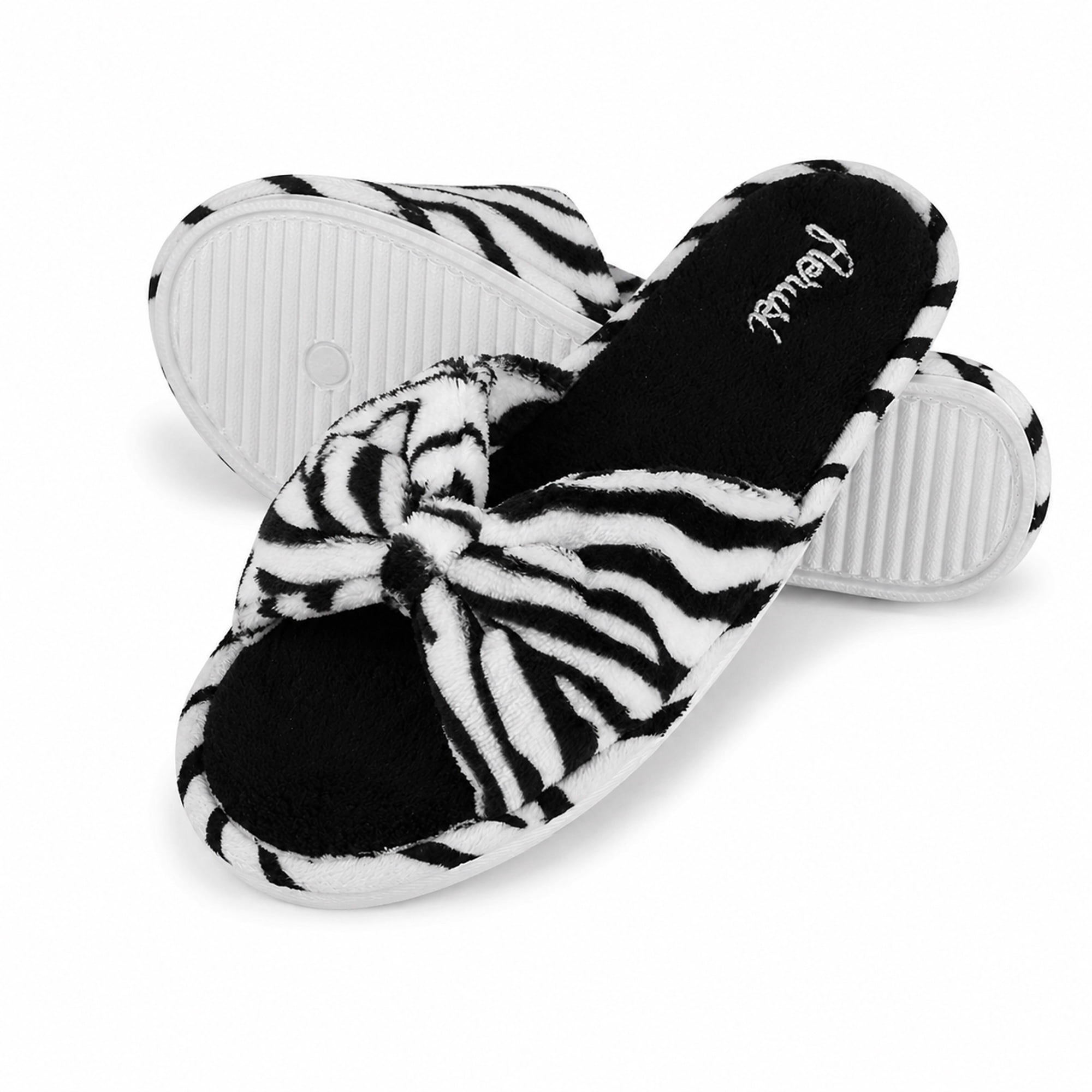 Women’s Leopard Print Memory Foam Slippers, Knit Pom-Pom Indoor House Shoes with Non-Slip Sole