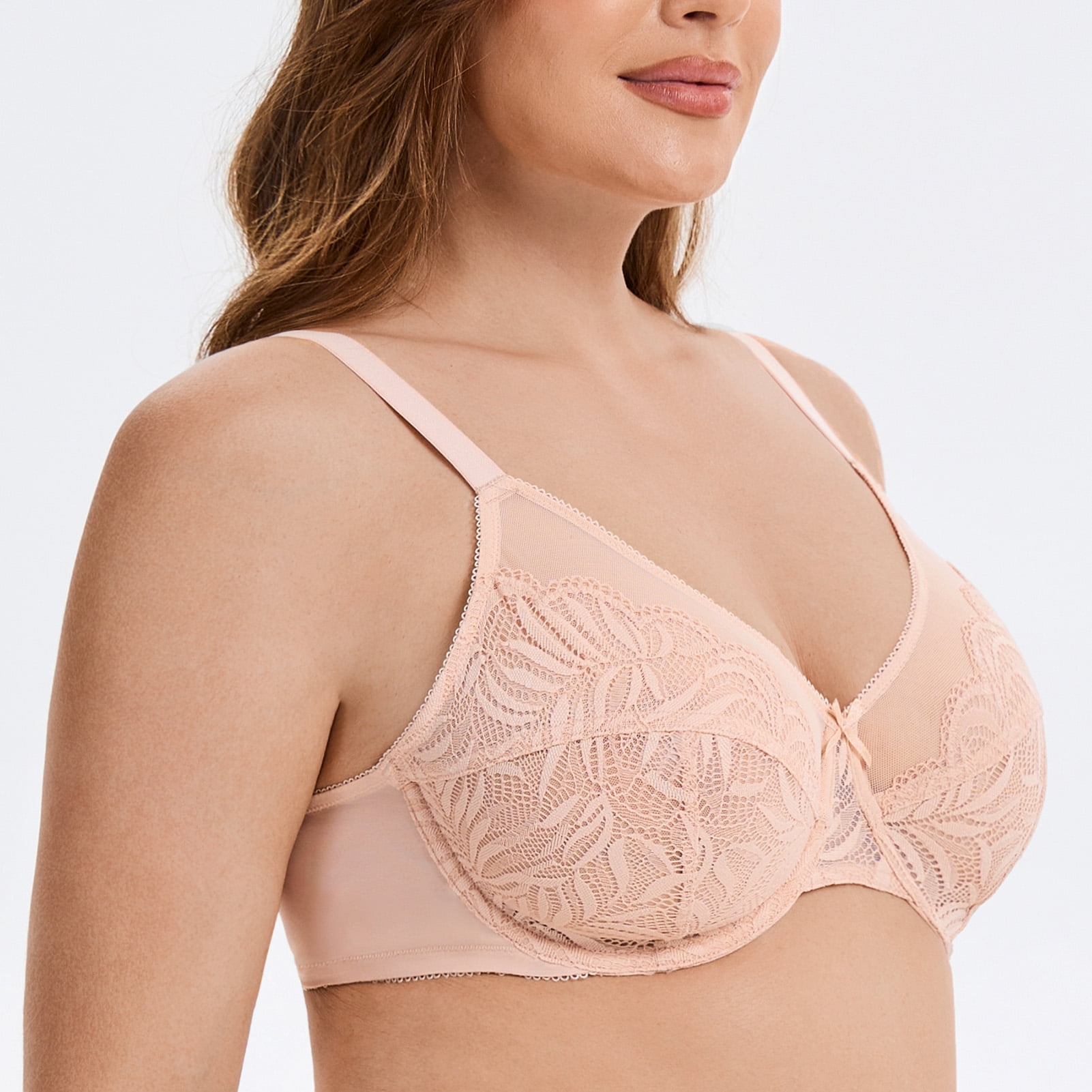 MELENECA Women's Minimizer Bras for Large Bust Underwire Plus Size Full Coverage Lace Bras Beige 36F