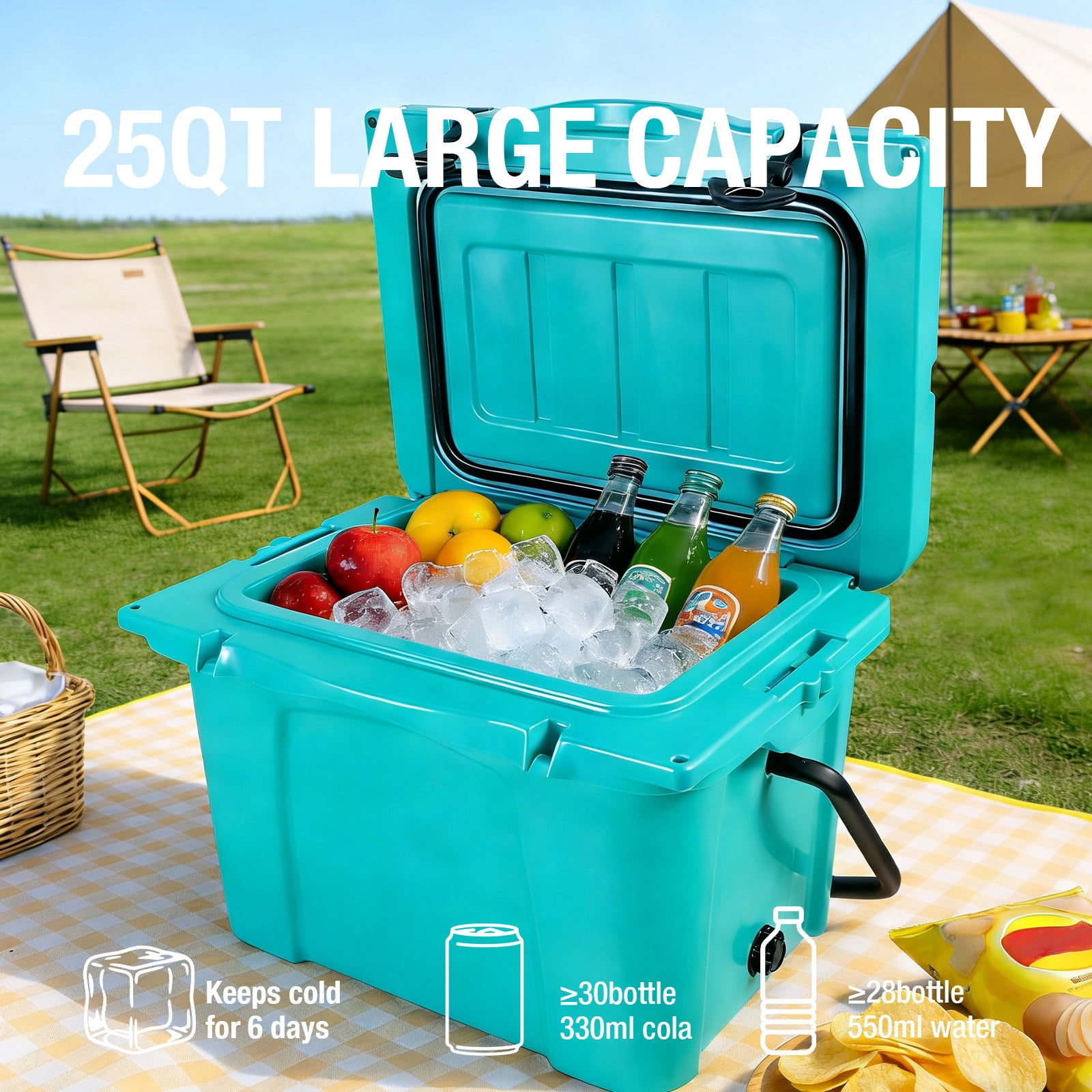 25QT Insulated Hard Cooler with Bottle Opener, Cup Holder & 5-Day Ice Retention