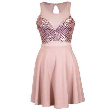 Sequin Yoke - Lush Brand Pink Geometric Sequin Pattern Sheer Yoke Key Hole Detail Dress