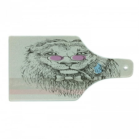 

Animal Cutting Board Magestic Lion Head Hipster Style Glasses Sketch Print Image Decorative Tempered Glass Cutting and Serving Board Wine Bottle Shape Pale Blue Pale Pink by Ambesonne
