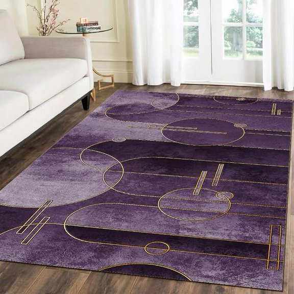 Modern Purple Ombre Area Rug, Golden Abstract Lines Decoration Rug, Anti-Skid Durable Rectangular Carpet for Living Dining Dorm Room Bedroom Home Decorative 5 x 8ft