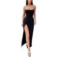 thumbnail image 3 of Vestido de mujer de una pieza con tirantes finos, corte ajustado, abertura hasta el muslo, vestido largo para fiesta, negro M, 3 of 13