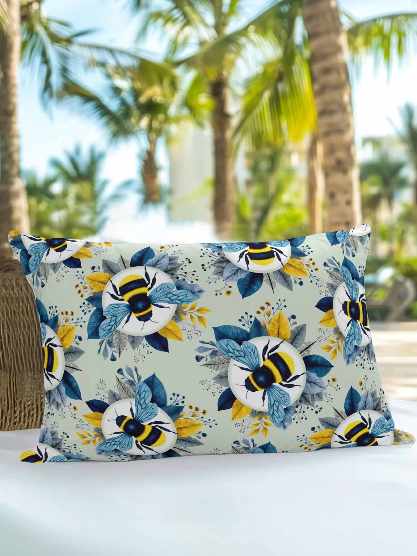 1 Pack Outdoor Throw Pillow, Teal Green Bees Farmhouse Waterproof Pillow with Insert Included, Spring Summer Botanical Flowers Decorative Accent Cushion Lumbar Pillows for Patio Porch, 12 x 20 In